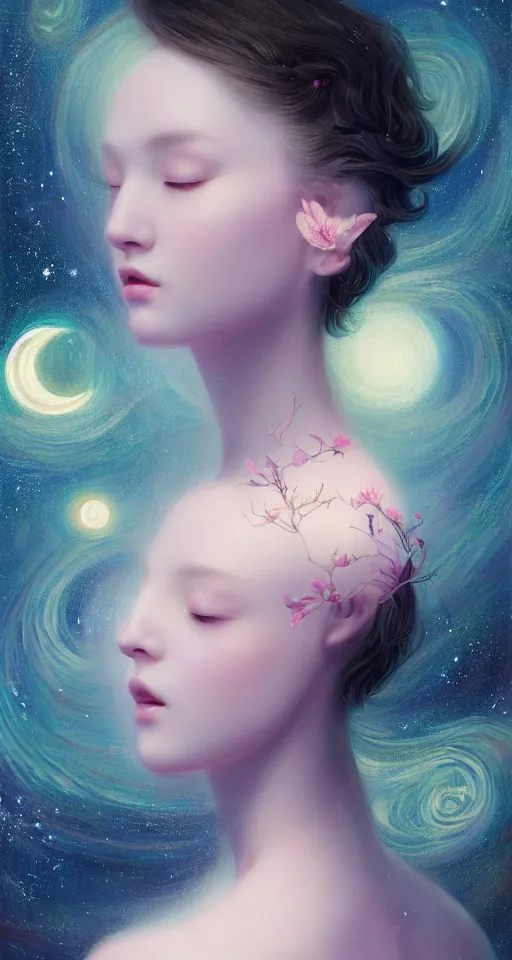 Prompt: breathtaking delicate detailed concept art painting beauty creature with starry night inside, by hsiao - ron cheng, bizarre compositions, exquisite detail, single, one person, pastel colors, 8 k