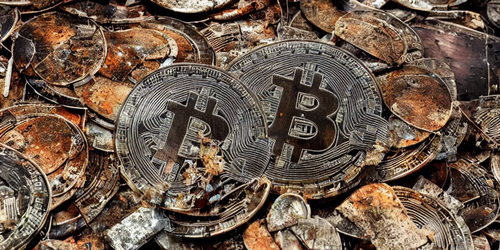 Image similar to giant rusted bitcoin, hated by everyone without exception, dystopian survival post - apocalyptic, angry mob