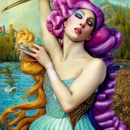 Image similar to lady gaga artpop act ii album, intricate detail, hyper detail, gaston bussiere, sandro botticelli style, with neon aqua rapunzel dreadlocks, detailed, masterpiece, sharp focus,