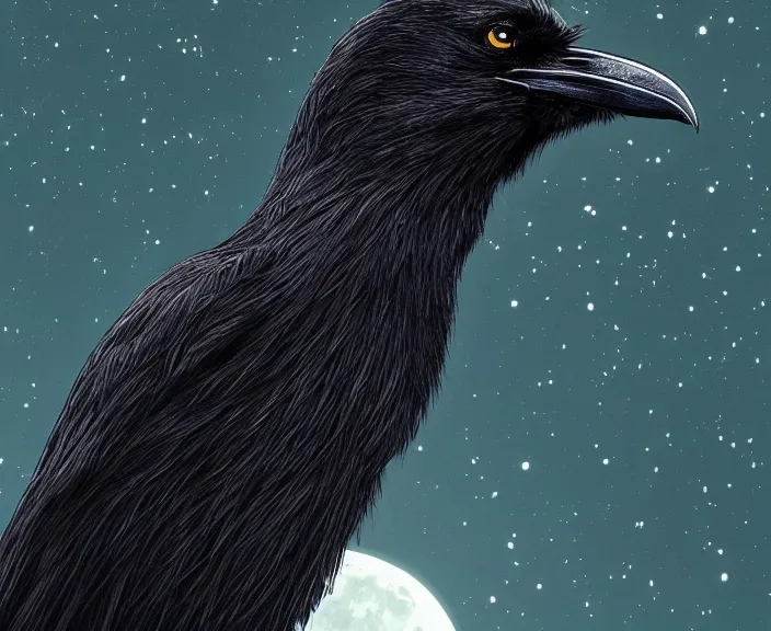 Prompt: a hyper-detailed fantasy wallpaper book cover, close-up portrait of a crow on a tree in front of the full big moon; an extraordinary masterpiece!!!; flawless; proud posture; photorealistic eyes; trending on artstation; f/1.4; 90mm