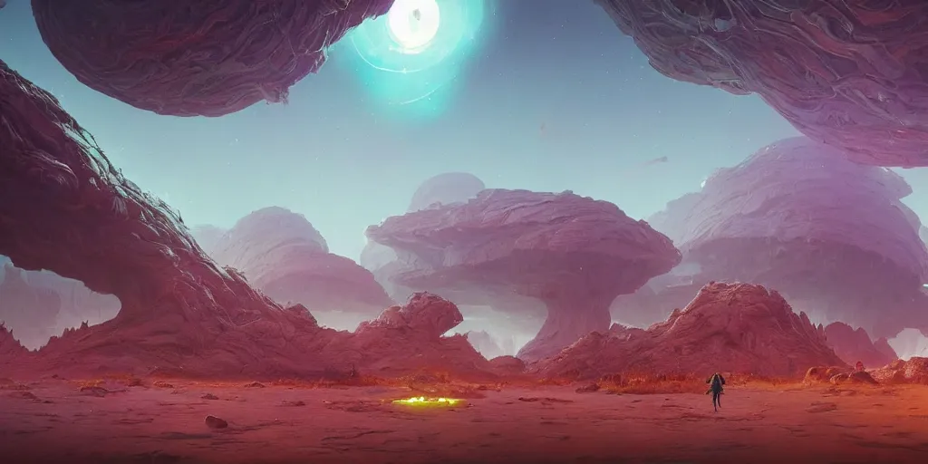 Image similar to an amazing alien landscape, digital art, breathtaking, extremely detailed, digital paintinghyperrealistic, dynamic lighting, particles, unreal engine, simon stålenhag, rendered by Beeple, Makoto Shinkai, syd meade, simon stålenhag, environment concept, trending on artstation, octane render, 4K UHD image
