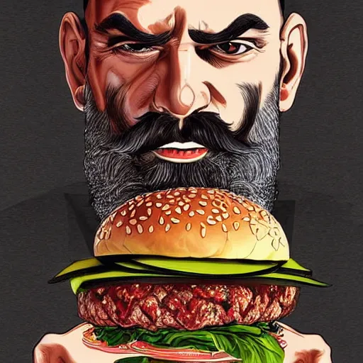 Image similar to beard man angry with italian burger, because theyre mixin salad with escargot, matte, symmetrical anatomy, hyperdetailed, digital art, baroque, pop punk art style, fantasy, full body pictures, without duplication, art by artgerm and ilya kuvshinov and vinicius gud and gustavo zambelli, intricate.