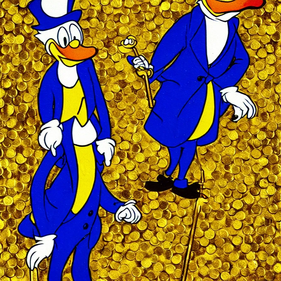 Image similar to Scrooge McDuck from the Duck Tales in blue costume standing on a mountain of golden gold and holding a cane, view from below, full body portrait including head, oil painting, highly detailed