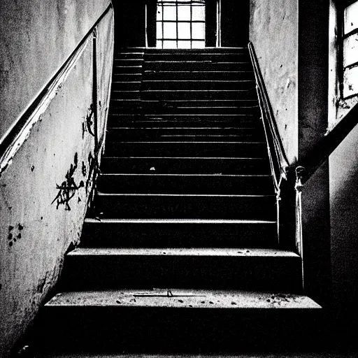 Prompt: grainy photograph of a dark and dilapidated staircase, positioned at the bottom step looking up the staircase, a ghost that looks like 2 1 savage in the darkness at the top of the stairs