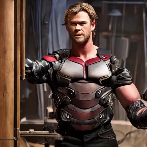 Prompt: animatronic Chris Hemsworth, exposed mechanics, photo, Stan Winston studios, detailed, 4k