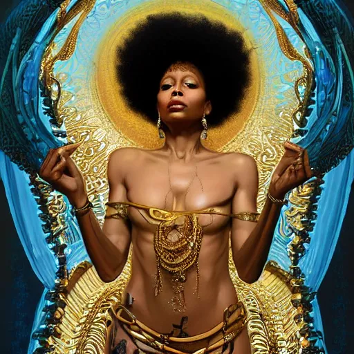 Image similar to Erykah Badu as a golden goddess , A stunning masterpiece, by Stanley Artgerm Lau, greg rutkowski, Thomas kindkade, alphonse mucha, loish, norman Rockwel