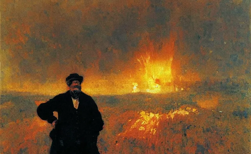 Image similar to high quality high detail painting by ilya repin man standing in front of huge explosion hd
