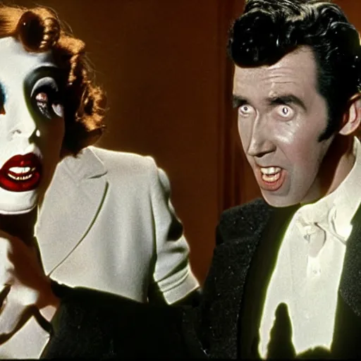 Prompt: scene from the horror picture show with james stewart!!!! james stewart!!!! is acting surprised