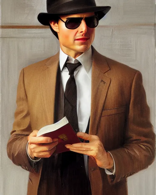 Prompt: Tom Cruise wearing a fedora and reading glasses, oil on canvas, artstation, by J. C. Leyendecker and Edmund Blair Leighton and Charlie Bowater, octane