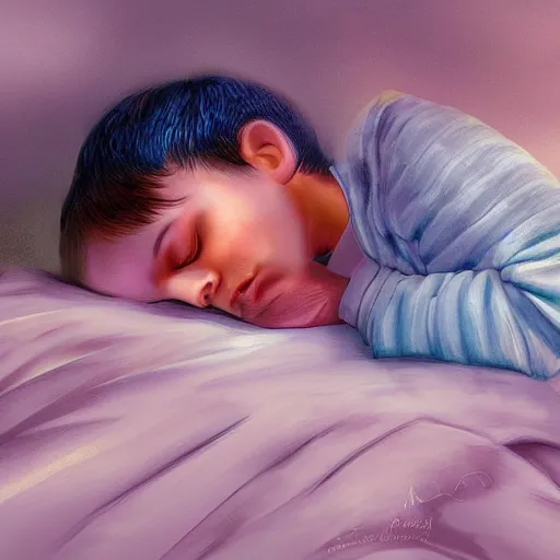 Prompt: A child asleep in bed, their dream overinflated over their head like a hologram, beautiful digital painting