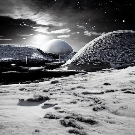 Prompt: landscape environment of a frozen wasteland with a giant mechanical dome frozen black and white we see human small compared to the dome