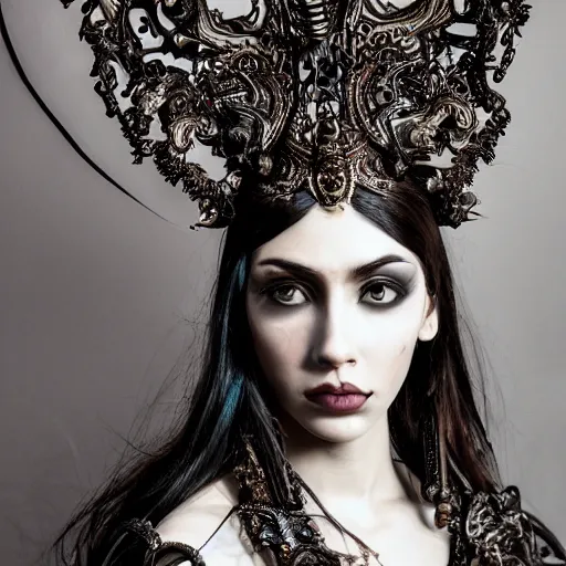 Image similar to a female model by chacarcter creator, photorealistic, biomechanical, intricate details, hyper realistic, ornate headpiece, dark beauty, photorealistic, canon r 3, photography, wide shot, photography, dark beauty ornate headpiece, dark beauty, photorealistic, canon r 3, photography, wide shot, photography, dark beauty, symmetrical features