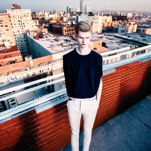 Image similar to un ultra high definition fashion editorial photographic portrait of a pale young man standing on the rooftop of an apartment building wearing all eclectic clothes. wide angle. three point light. extremely detailed. golden hour, golden ratio, ray tracing, volumetric light, shallow depth of field.