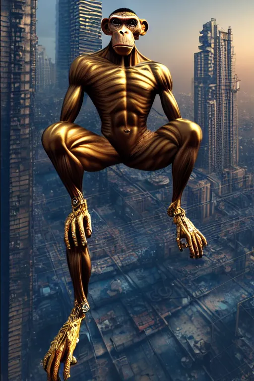 Image similar to high quality 3 d render ultra realistic mischievous cyborg muscular man monkey blue hybrid sitting, gold madhubani, highly detailed, cyberpunk!! mumbai in the background, unreal engine cinematic smooth, szukalski, moody light, low angle, uhd 8 k, sharp focus