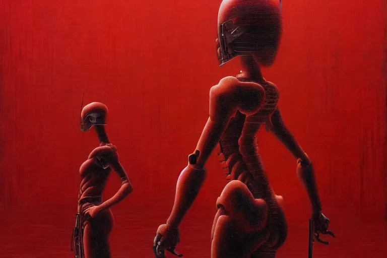 Image similar to only with red, a red cyborg samurai, tokio futuristic in background, some evil yokai, in the style of beksinski, parts by edward hopper, parts by rodcenko, parts by yue minjun, intricate and epic composition, red by caravaggio, insanely quality, highly detailed, masterpiece, red light, artstation, 4 k