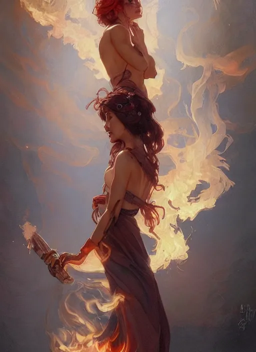 Prompt: a couple made of fire and smoke, full body view, beautiful high quality realistic fantasy art, trending on artstation by artgerm and greg rutkowski and alphonse mucha