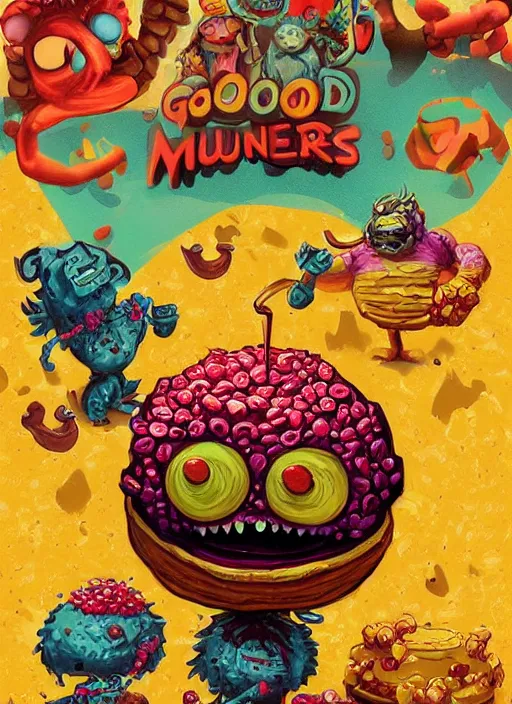 Image similar to good morning pancake and coffee monsters , breakfast monster ,doughnuts, cereal, waffles, colorful, digital art, fantasy, magic, trending on artstation, ultra detailed, professional illustration,chalk, poster artwork by Basil Gogos , clean