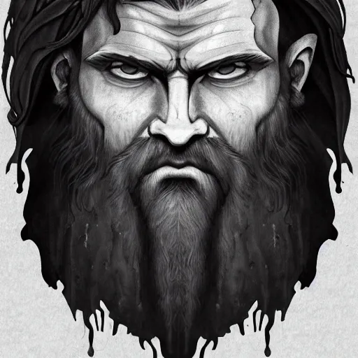 Image similar to painted portrait of rugged godly man in the ocean, god of war, black hair, masculine, powerful, handsome, upper body, white robe, muscular, extremely hairy torso!, fantasy, intricate, scar across eye, highly detailed!!, digital painting!, artstation, concept art, smooth, sharp focus!!!, illustration, art by leonardo da vinci