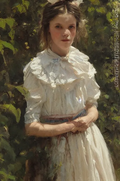 Image similar to Richard Schmid and Jeremy Lipking and Antonio Rotta full length portrait painting of a young beautiful traditonal alice from Alice in Wonderland