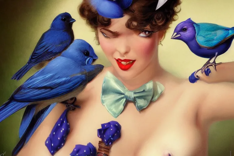 Image similar to pinup girl holding an indigo bunting, bird, the bird is wearing a bowtie, by greg rutkowski, rossdraws, gil elvgren, enoch bolles, anime, porcelain skin, very coherent