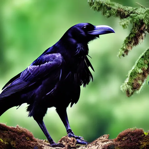 Prompt: a very detailed photograph of a raven in a dark forest eating an animal carcass 4 k, high resolution, still, landscape, hd, dslr, hyper realistic, sketch