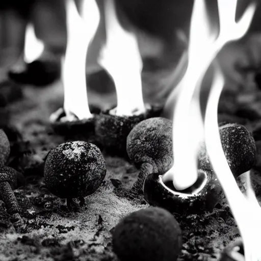 Prompt: Black skeletons burning in white fire, black and white image