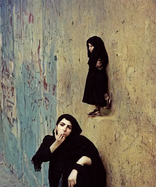 Prompt: a color photograph of persian girl in tehran's streets, by nan goldin, out of place, intense, bold, exaggerated, over proportion, painted over by andrew wyeth, hyperrealistic, ultra sharp, extra details, ultra high quality,