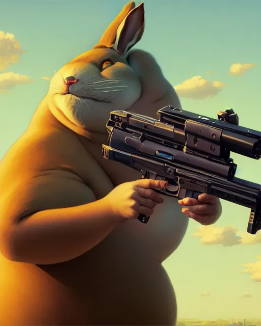 Image similar to highly detailed surreal vfx portrait of a cute, happy big chungus, shooting two mac - 1 0 s, stephen bliss, unreal engine, greg rutkowski, loish, rhads, beeple, makoto shinkai and lois van baarle, ilya kuvshinov, rossdraws, tom bagshaw, alphonse mucha, global illumination, detailed and intricate environment