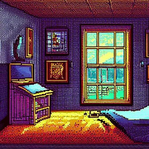 Image similar to view from corner looking into a 9 0 s bedroom, beautiful detailed pixel art, intricate details, beautiful, dithered gradients, volumetric lighting, 3 d illustration, old school computer game graphics, crpg, d & d, pixel art