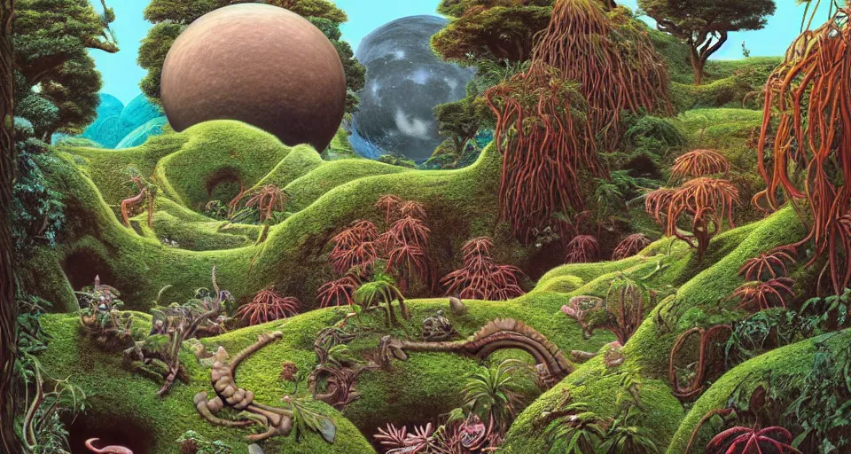 Prompt: huge woodlouse, axolotl, bones of dead animals, solovetsky labyrinths, a landscape on the moon with many craters, tea terraces, a beautiful flowering garden, a lot of exotic vegetations, trees, intricate detaild, pale colors, 8 k, in the style of martin johnson heade and roger dean