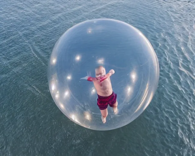 Prompt: boy floating gently down from the sky in a plastic wrapped bubble. aerial footage.