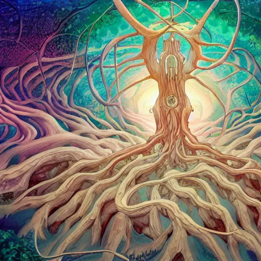 Image similar to yggdrasil the tree of life, avatar the last airbender, Alex Grey, Studio Ghibli, mobius, k pop, featured on artstation