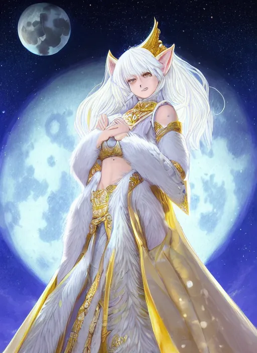 Image similar to commissioned full body portrait of a female anthro wolf princess fursona with white hair wearing a white and gold Japanese armored dress in a white and gold palace on a starry night with a large crescent moon, by a professional manga illustrator, Stanley Artgerm Lau, WLOP, Rossdraws, James Jean, Andrei Riabovitchev, Marc Simonetti, and Sakimichan, trending on artstation