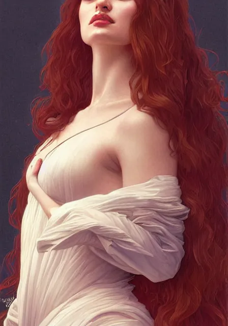 Image similar to sansa angeline jolie gessica chastain, intricate, elegant, highly detailed, digital painting, artstation, concept art, smooth, sharp focus, illustration, art by artgerm and greg rutkowski and alphonse mucha and william - adolphe bouguereau