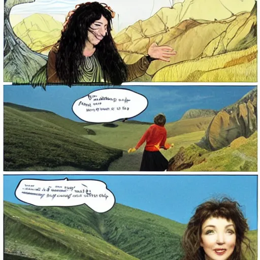 Image similar to kate bush running up that hill and making a deal with god in various styles