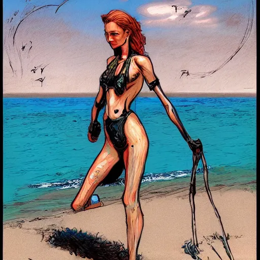 Image similar to lady at the beach by enki bilal artstation