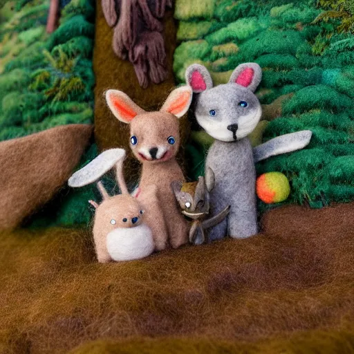 Image similar to high - res photograph of a felt sculpture diorama with cute fluffy forest critters, highly detailed sculpey diorama, forest setting, waterfall backdrop, realistic materials, wood, felt, cloth, burlap, smooth, sharp foccus, commercial product photography,