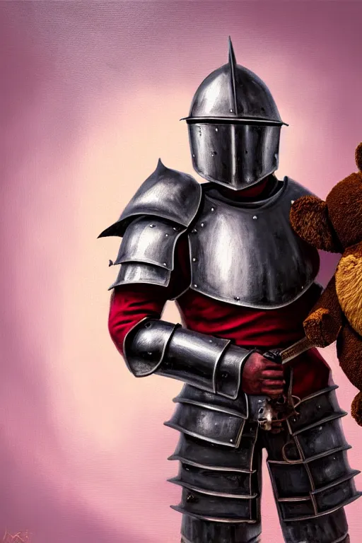 Image similar to a matte oil painting of a knight in full iron plate armor that is holding a teddy bear, inside a pink bedroom, in the style of an oil painting and d & d art, fullbody, photorealistic, sharp focus, award - winning, extremely detailed, 4 k,