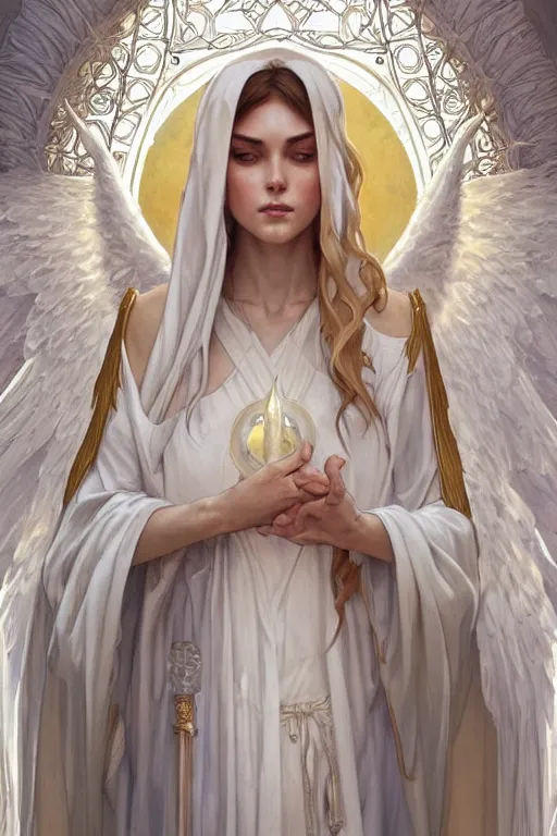 Image similar to beautiful angel in white robes, D&D, face, fantasy, intricate, elegant, highly detailed, digital painting, artstation, concept art, smooth, sharp focus, illustration, art by artgerm and greg rutkowski and alphonse mucha