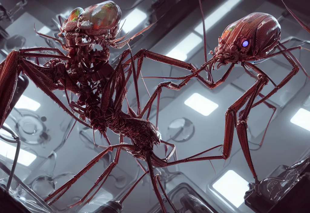 Prompt: a highly detailed mantis - like creature inside!!!! a bioreactor! in a biotech lab, from love death and robots ( 2 0 1 9 ). coherent portrait, intricate, elegant, suspense environment, digital photo, trending on artstation, hdr photo, smooth, sharp focus