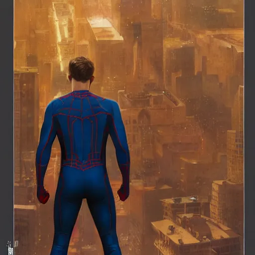 Image similar to ryan reynolds as spider - man, wearing a black and blue suit, cinematic, volumetric lighting, f 8 aperture, cinematic eastman 5 3 8 4 film, photorealistic by greg rutkowski, by stanley artgerm, by alphonse mucha