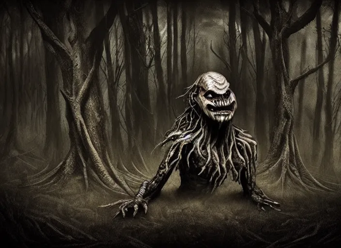 Image similar to an incredibly scary and very very unique monster creature of evil nature, ancient folk legend in the forest, hyperrealistic concept art, extremely creative, sepia photography