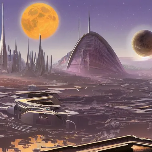 Prompt: futuristic city that orbits a desolate moon and lush planet, concept art, pulp novel cover