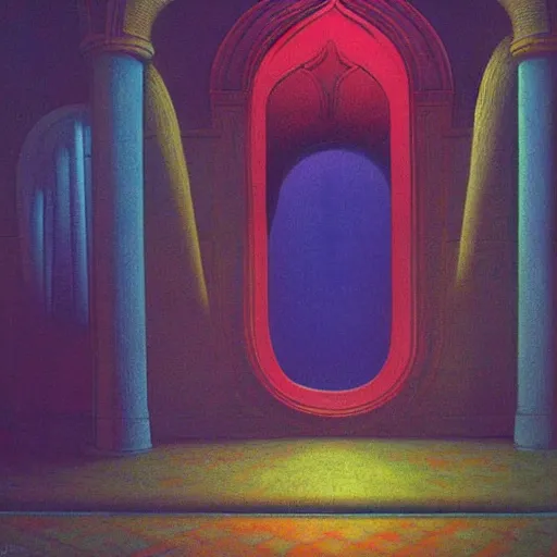 Prompt: Modern interior with arched windows, neon lighting, dramatic, fantasy, by Moebius, by zdzisław beksiński, Fantasy LUT, epic composition,