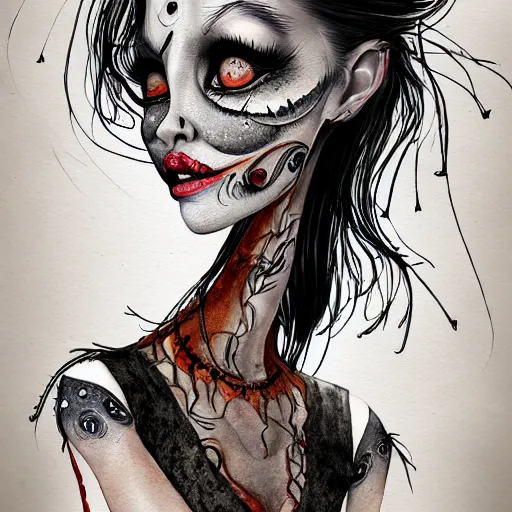 Image similar to a rotten smug exclusivists female, black ink line art and watercolor, intricate, digital painting, concept art, smooth, focus, rim light style tim burton