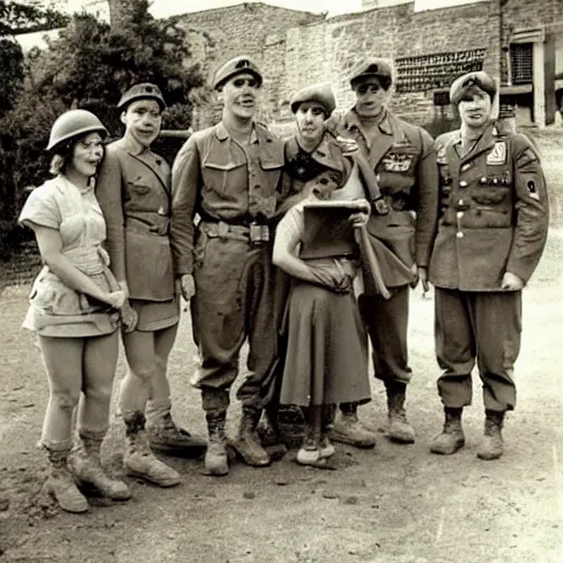 Prompt: a very cute anime girl with american soldiers during ww2