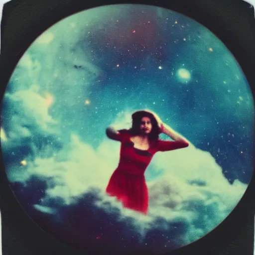 Prompt: vintage polaroid of a woman floating in deep space, detailed clouds, nebula, planets, galaxies, warm azure tones, red color bleed, film grain