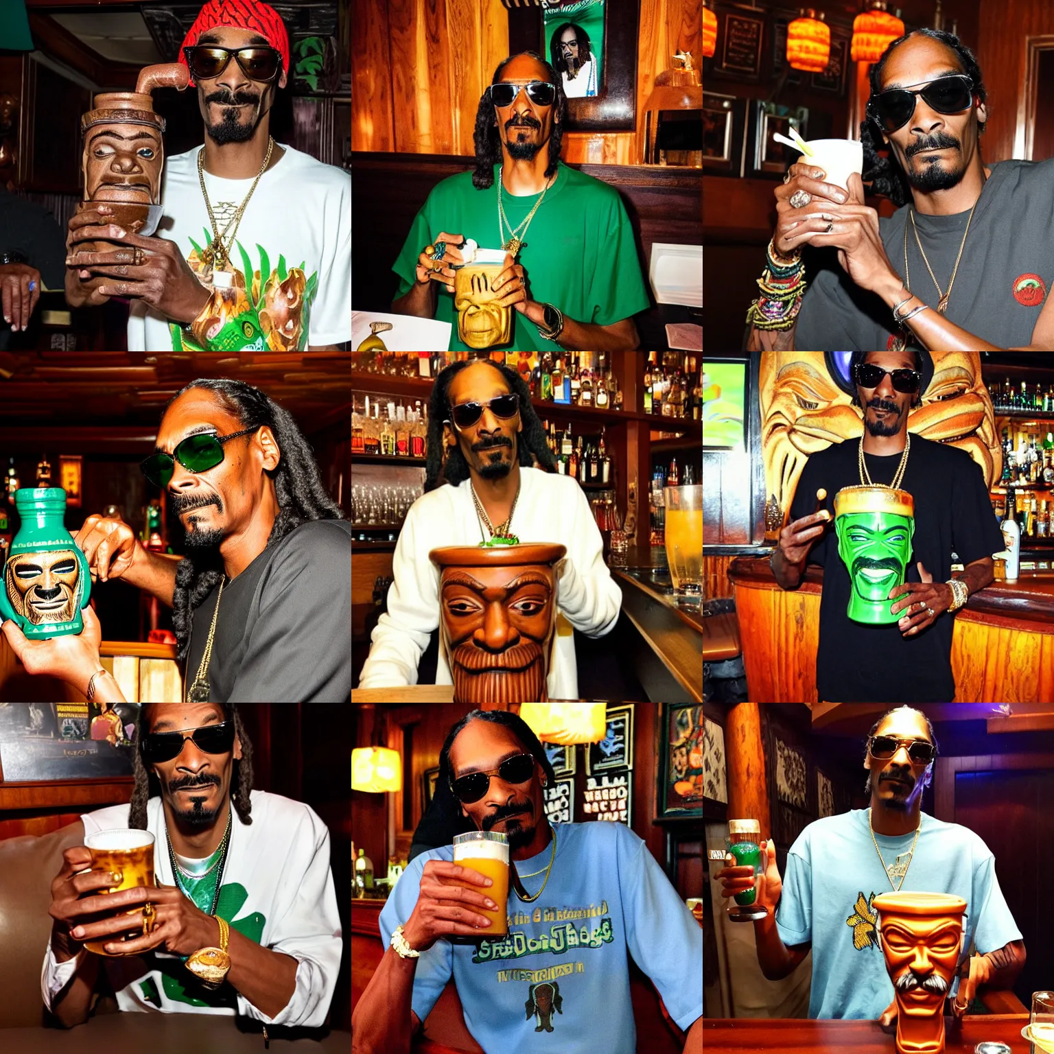 Image similar to snoop dogg at trader vic's bar holding a tiki mug with his face on it