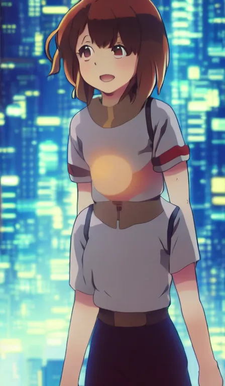 Image similar to anime fine details portrait of ochaco uraraka in front of cyberpunk moder city landscape on the background deep bokeh, close-up view, anime masterpiece by Studio Ghibli. 8k, sharp high quality anime, artstation