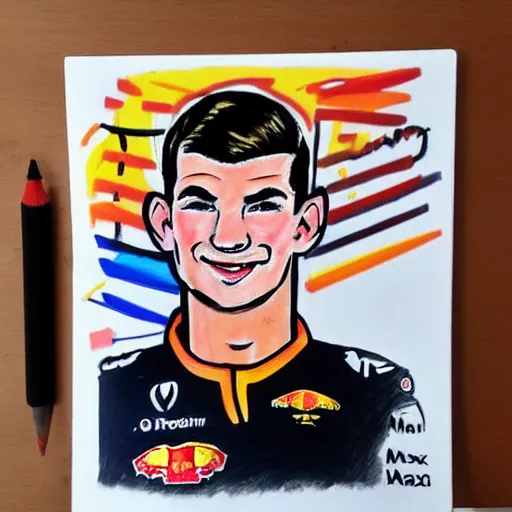 Prompt: a badly drawn picture of max verstappen, caricature, crayon art, bad, beginner art